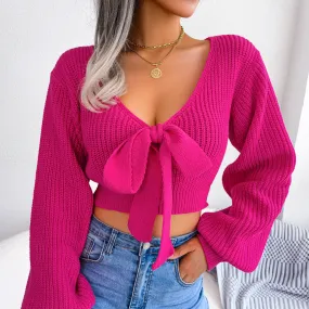 Tie-Front Rib-Knit Cropped Sweater