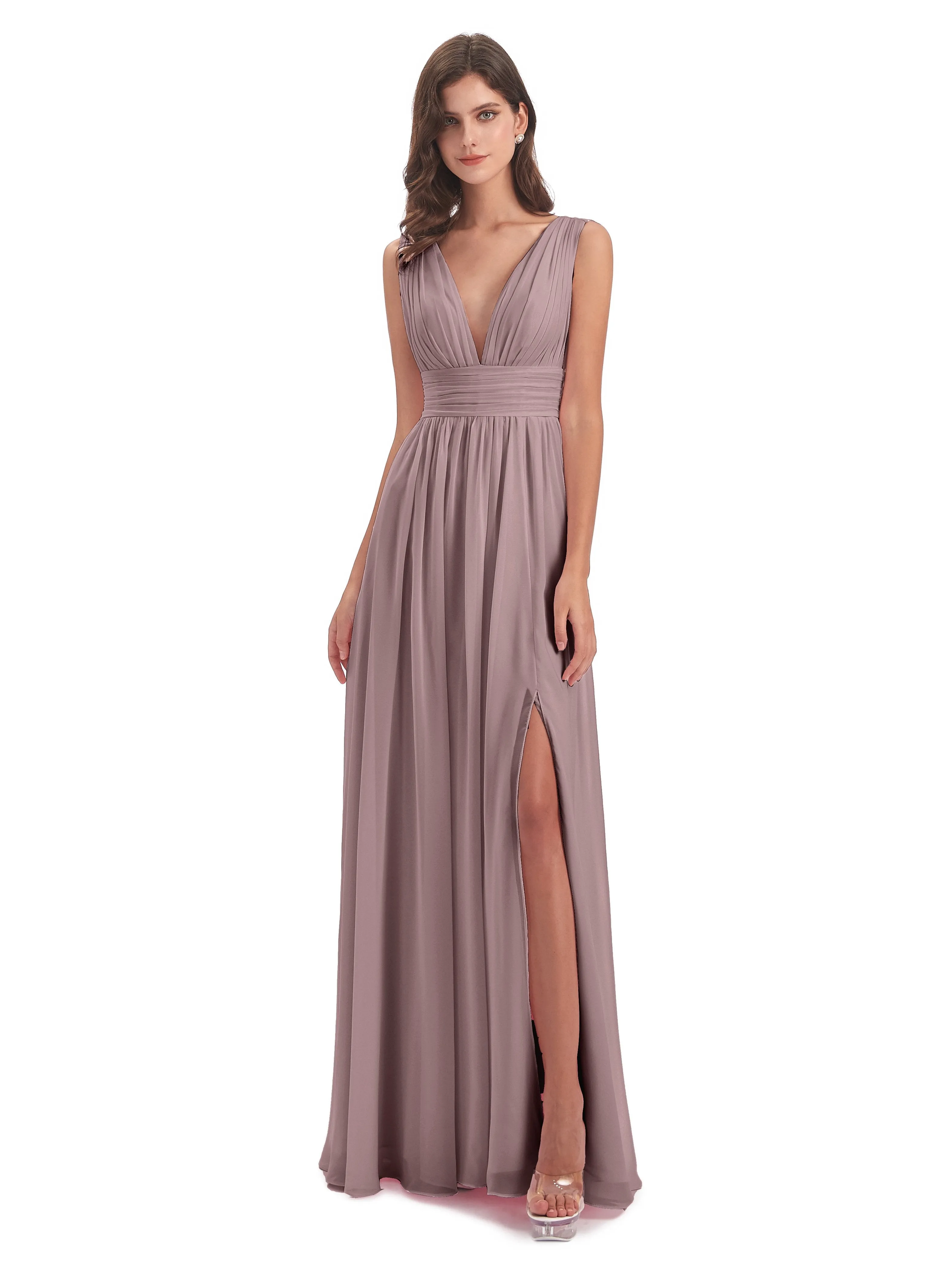 Vintage Mauve Junior Bridesmaid Dresses Charming Chiffon V Neck Split Long Bridesmaid Dresses