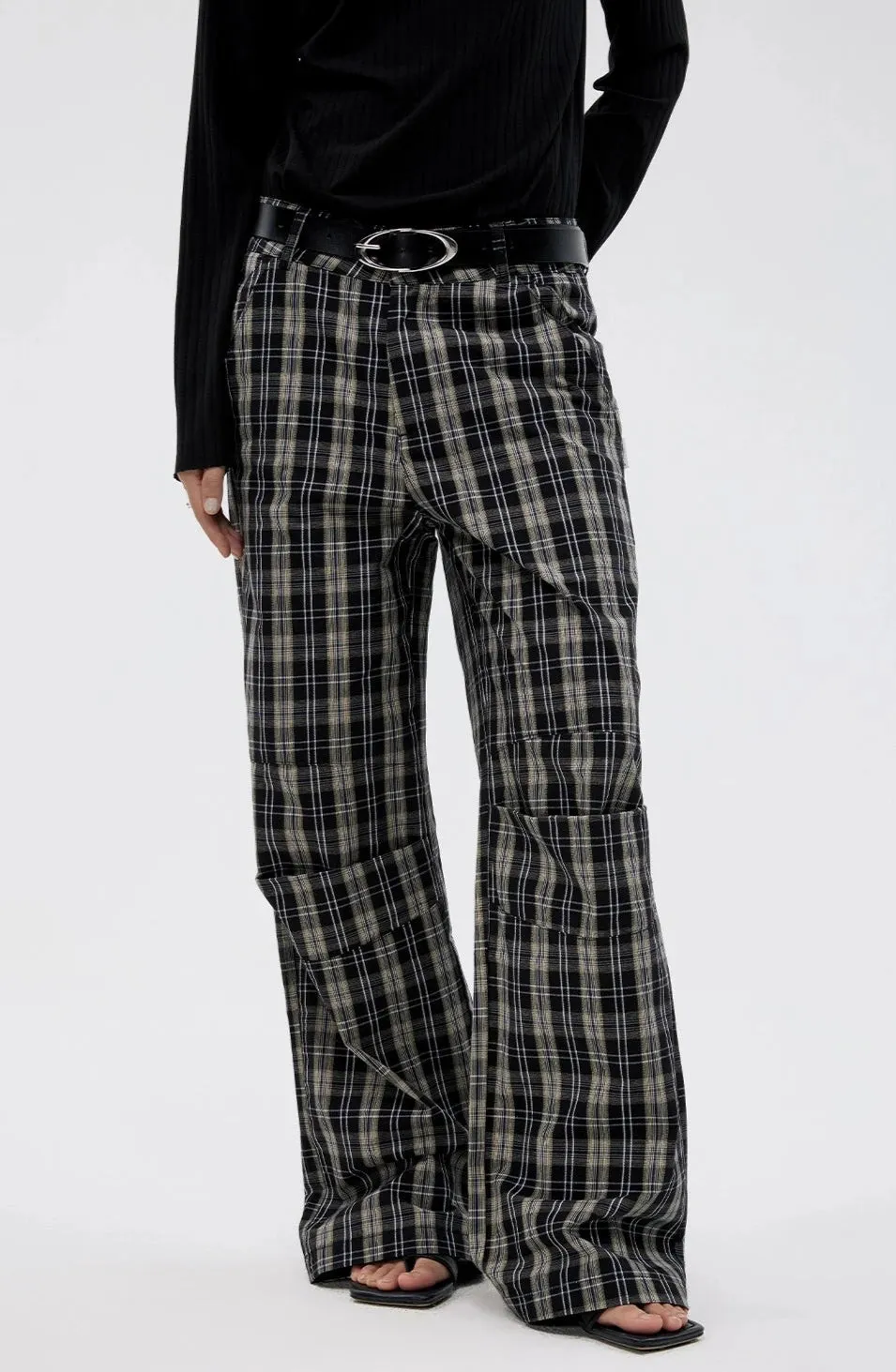 Wide Leg Pleated Plaid Trousers