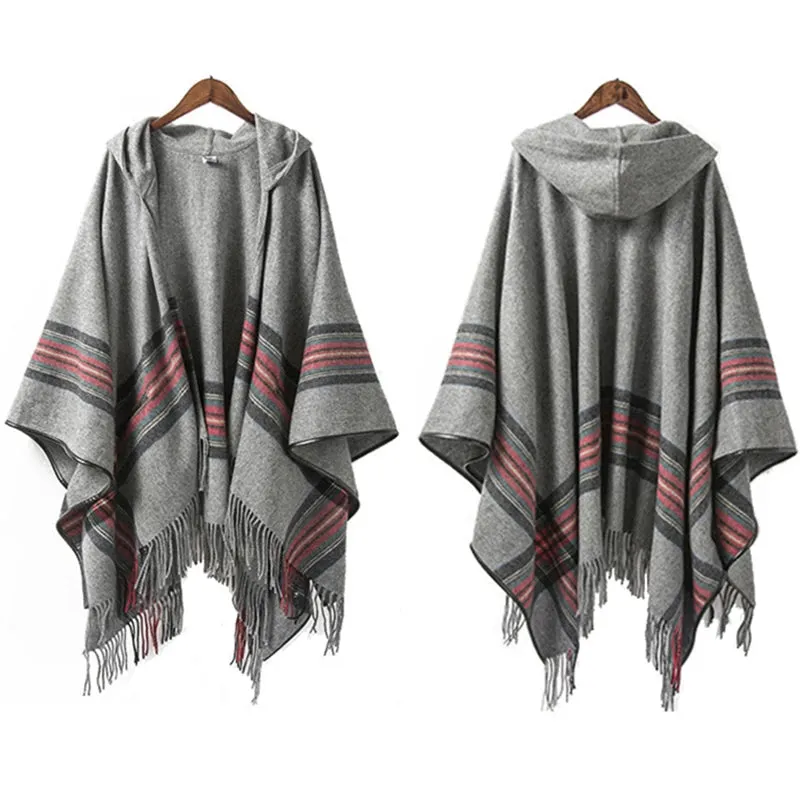 Women's Oversized Knitted Poncho Hooded Stripe