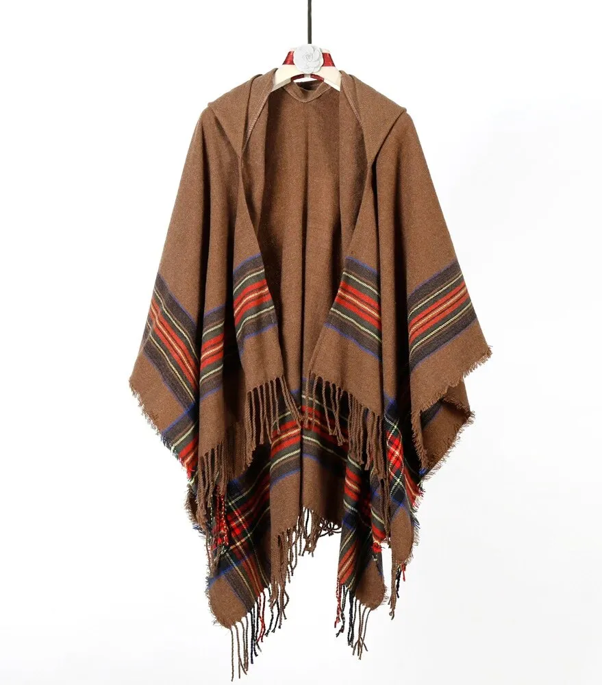 Women's Oversized Knitted Poncho Hooded Stripe