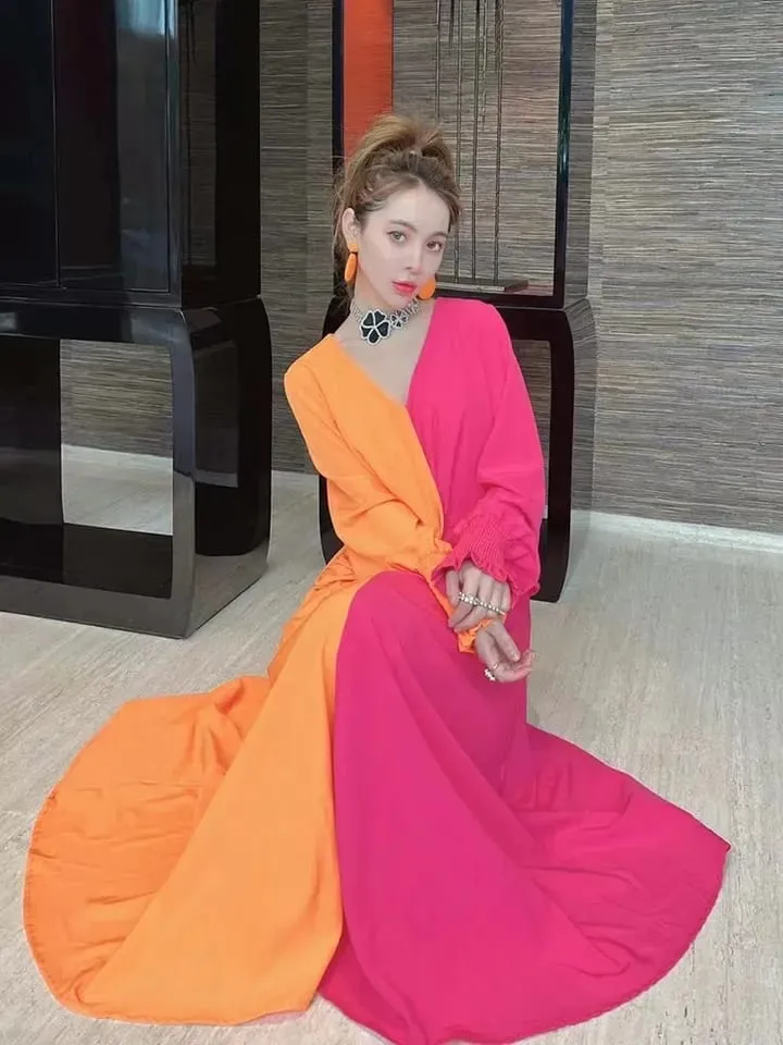 Women's Summer Long Dress Chic And Elegant Woman Dresses Evening Patchwork Colorblock V Neck Long Sleeve Clothing X3456351