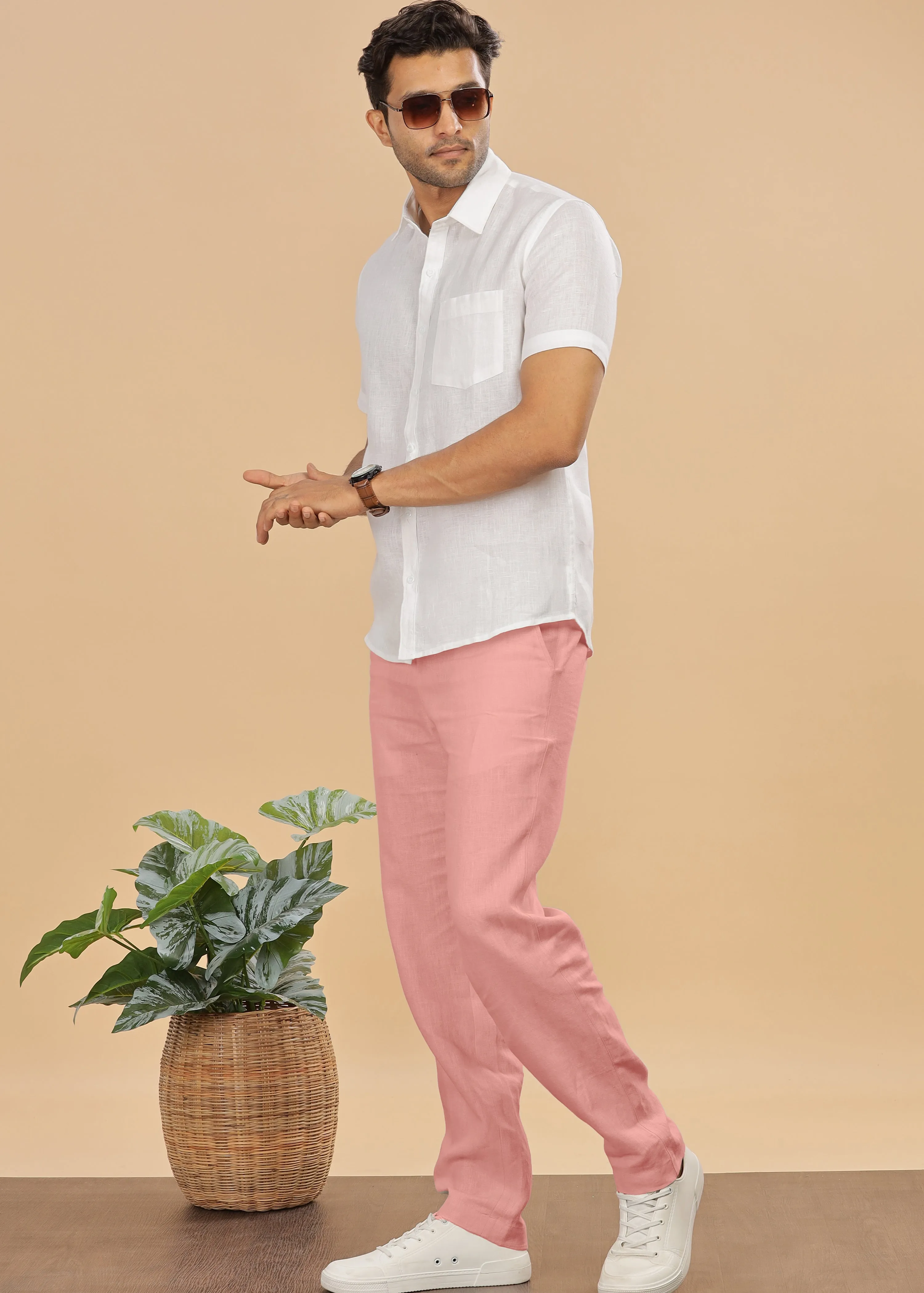 Zen Relaxed Elastic Pure Linen Trousers - Rose Pink