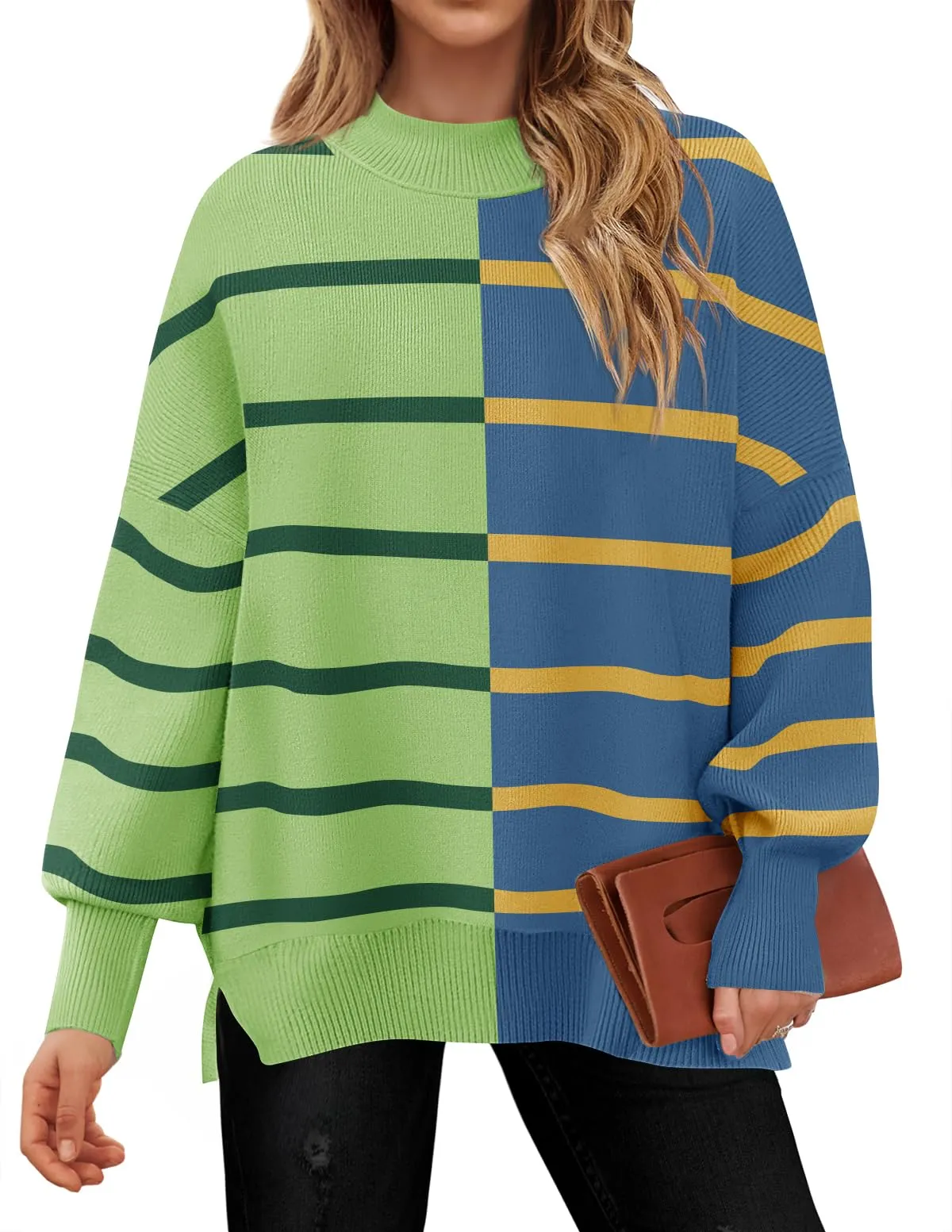 ZESICA  Striped Sweaters Mock Neck Comfy Knit Pullover Tops