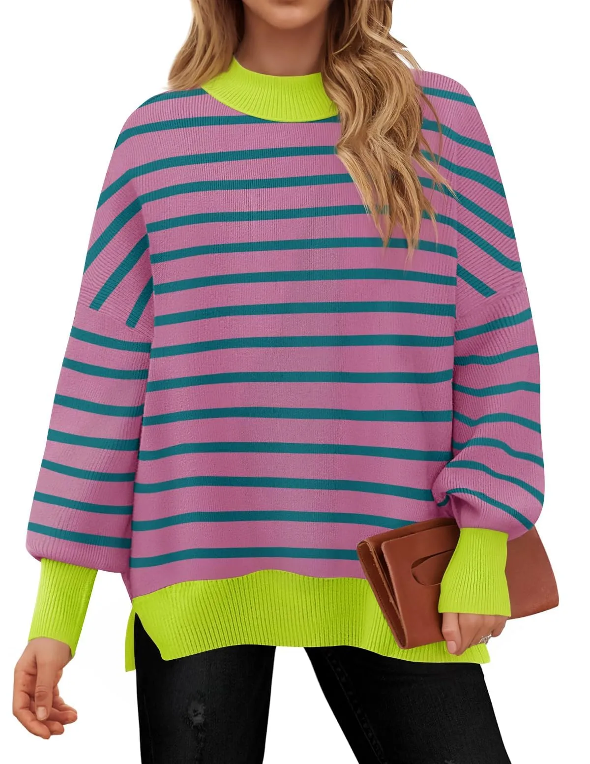 ZESICA  Striped Sweaters Mock Neck Comfy Knit Pullover Tops