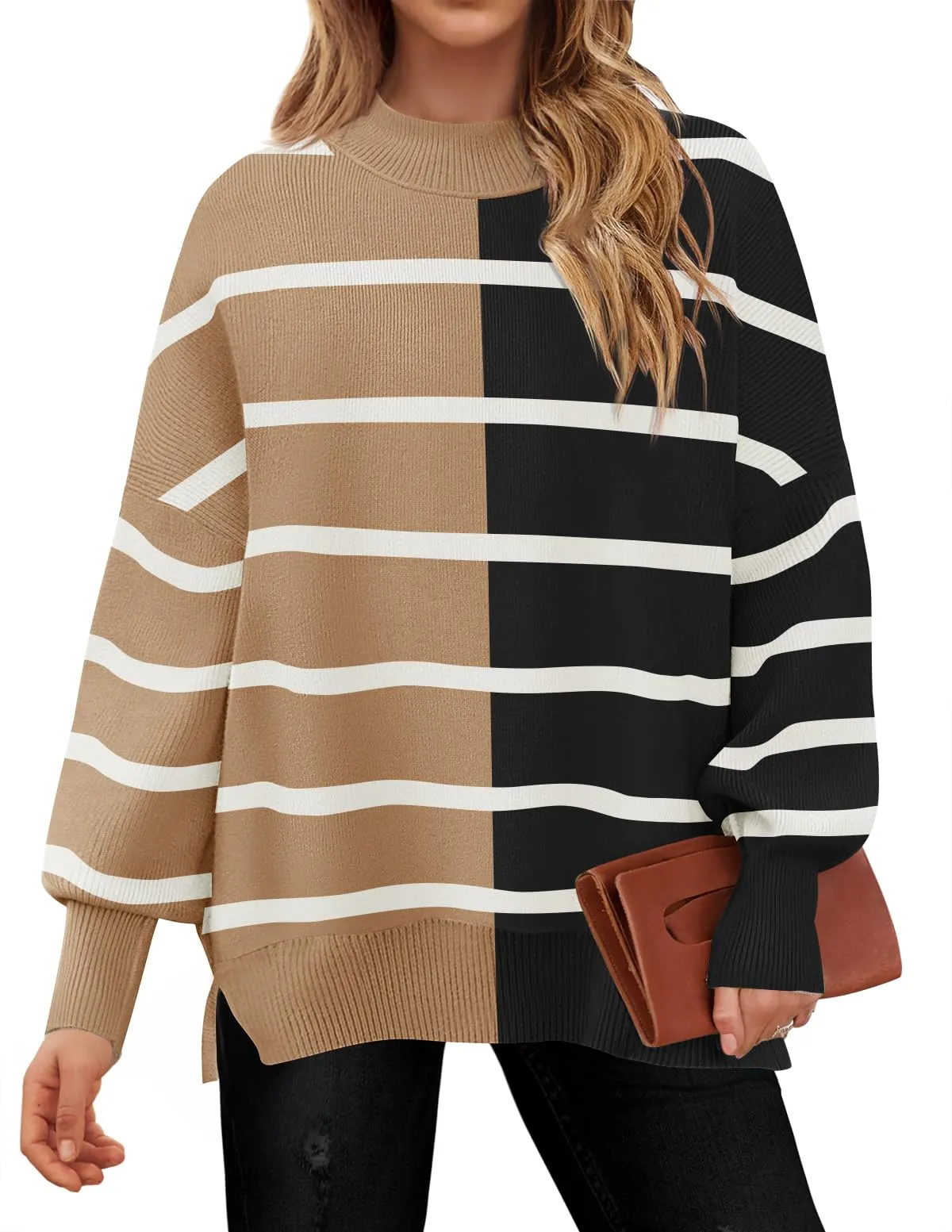 ZESICA  Striped Sweaters Mock Neck Comfy Knit Pullover Tops